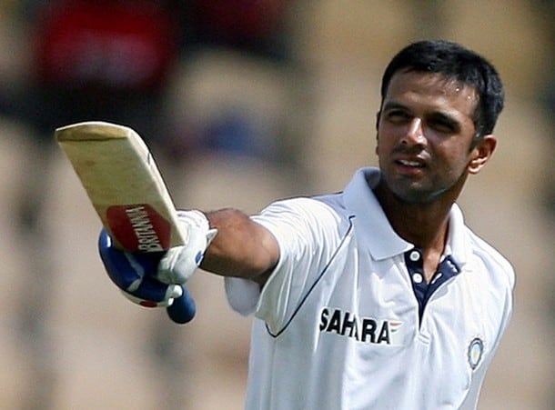 File photo of India's Dravid celebraing after completing his century against West Indies in Gros Islet